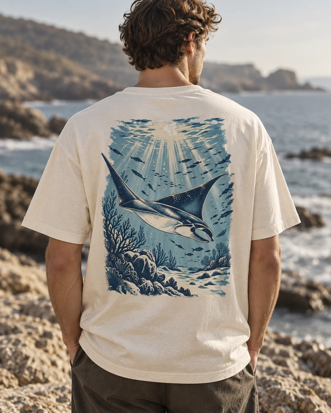 KI-Visualisierung: Below the Surface als getragenes T-Shirt, Rückenansicht