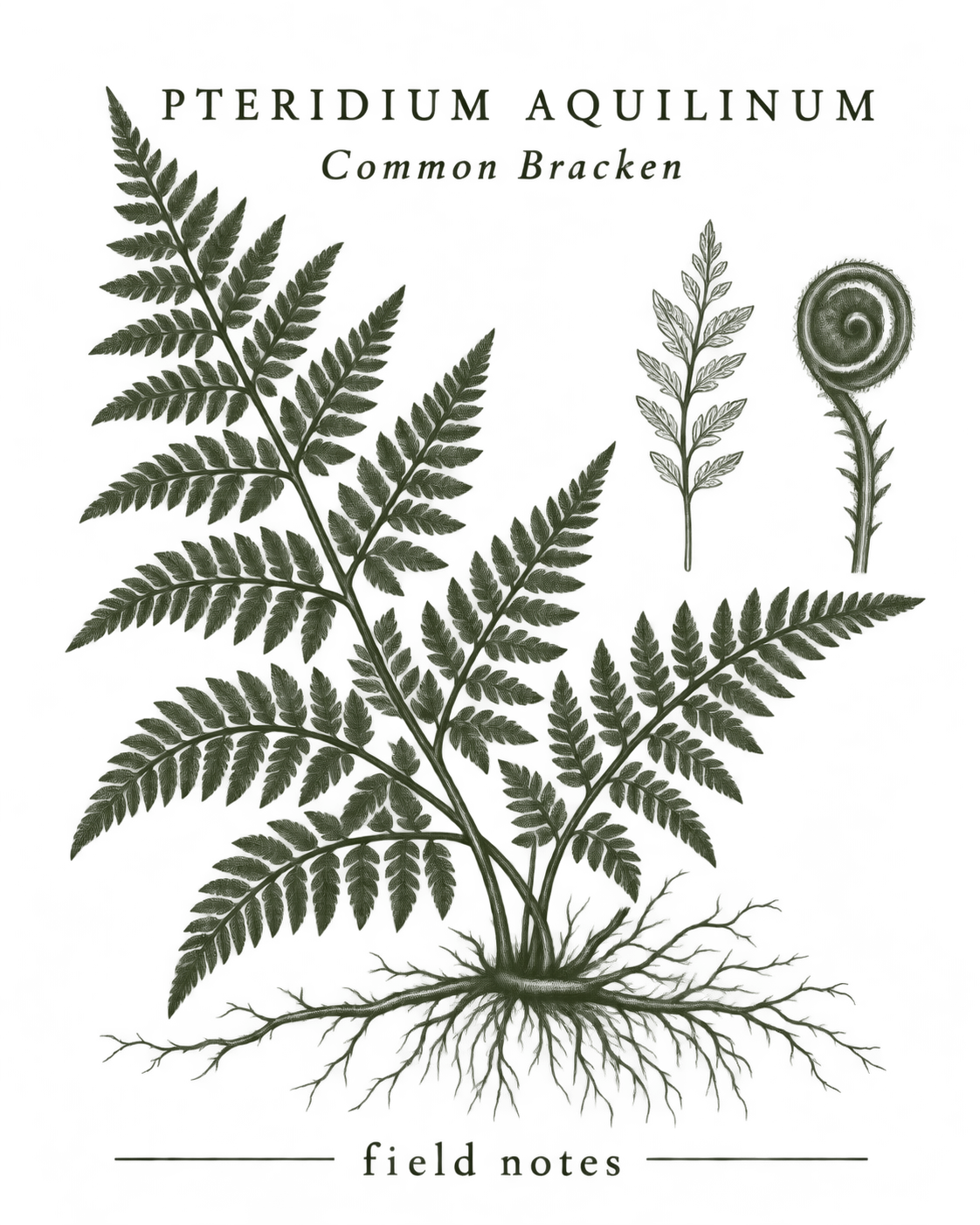 Botanische Farnillustration mit Blättern, Wurzeln und eingerolltem Wedel